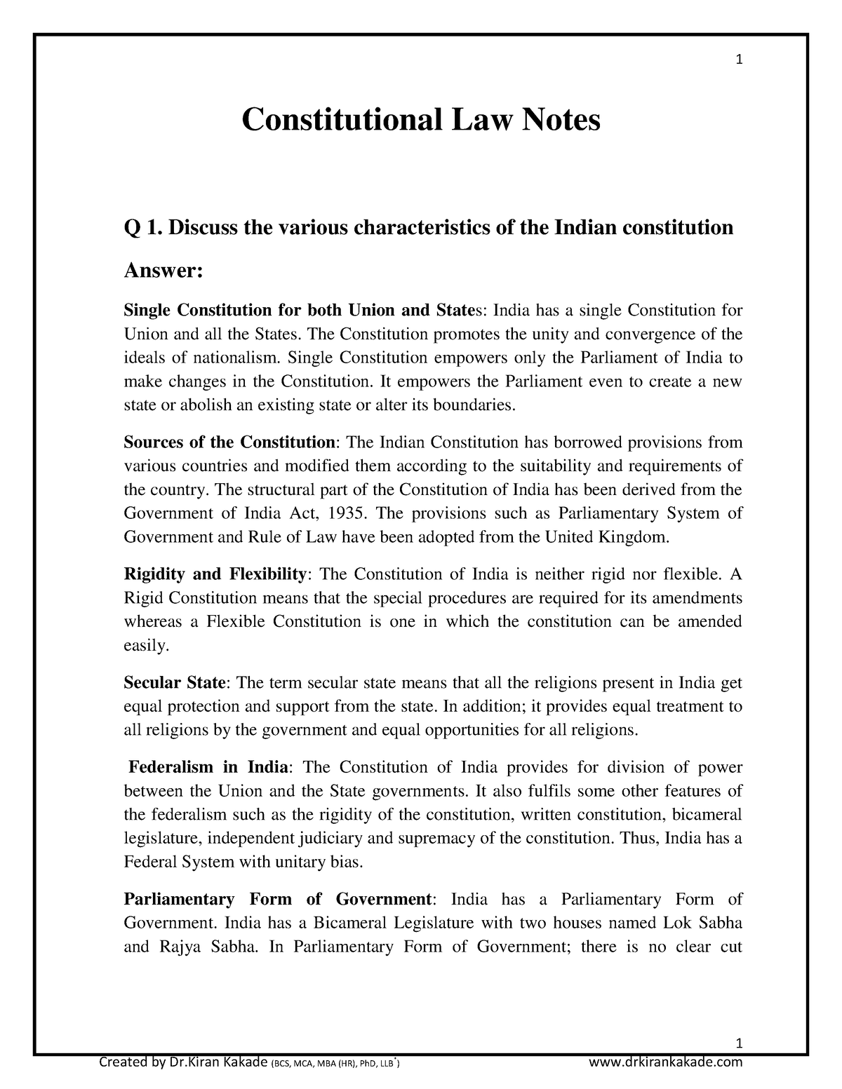 Constitutional Law Notes 3 - 1 Constitutional Law Notes Q 1. Discuss ...