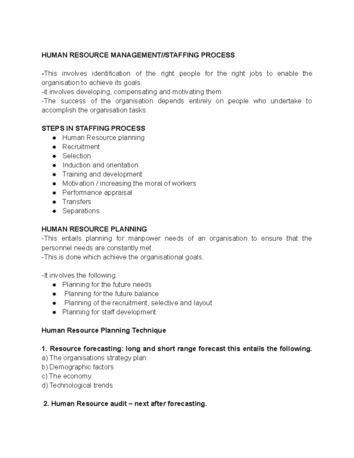 Human Resource Management Staffing Process - notes - HUMAN RESOURCE ...