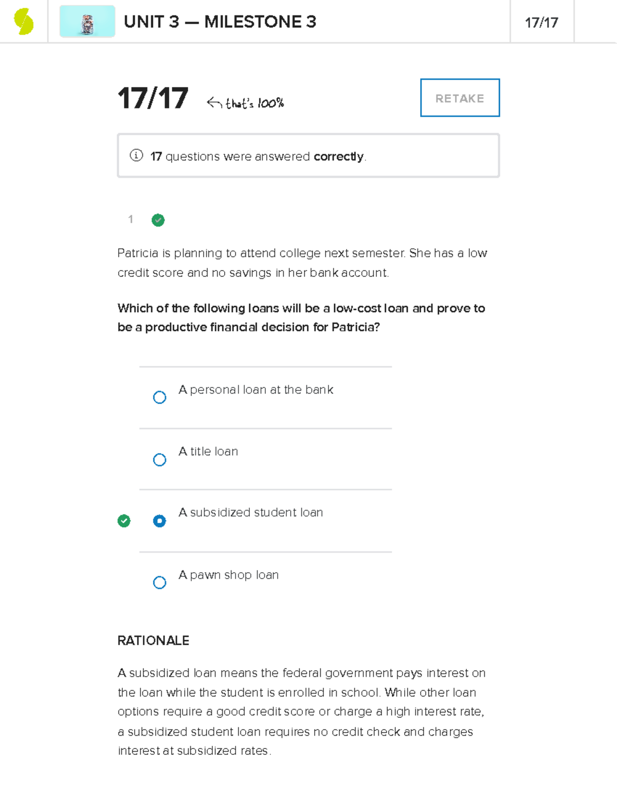 Sofia personal finance milestone 3 - 1 17 / 17 that's 100% RETAKE 17 ...