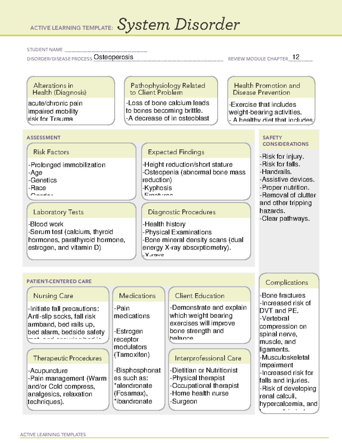 Osteoperosis System Disorder Template - ACTIVE LEARNING TEMPLATES ...