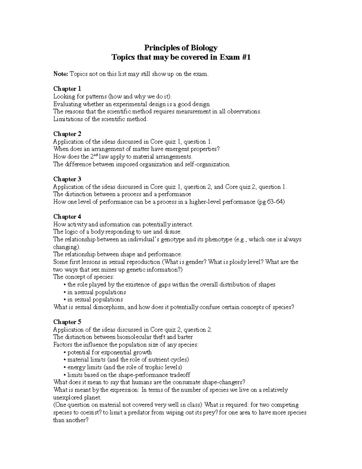 Exam #1, topics covered - Principles of Biology Topics that may be ...