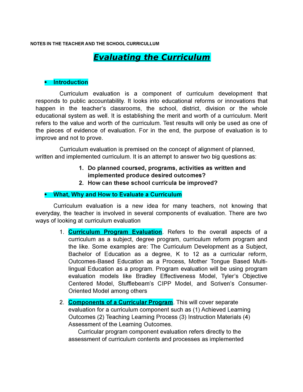 Evaluating The Curriculum - NOTES IN THE TEACHER AND THE SCHOOL ...