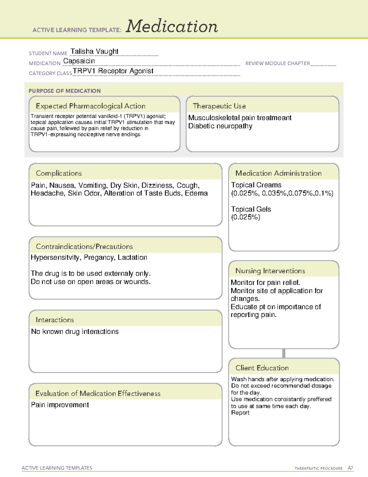 Capsaicin med card ACTIVE LEARNING TEMPLATES THERAPEUTIC PROCEDURE