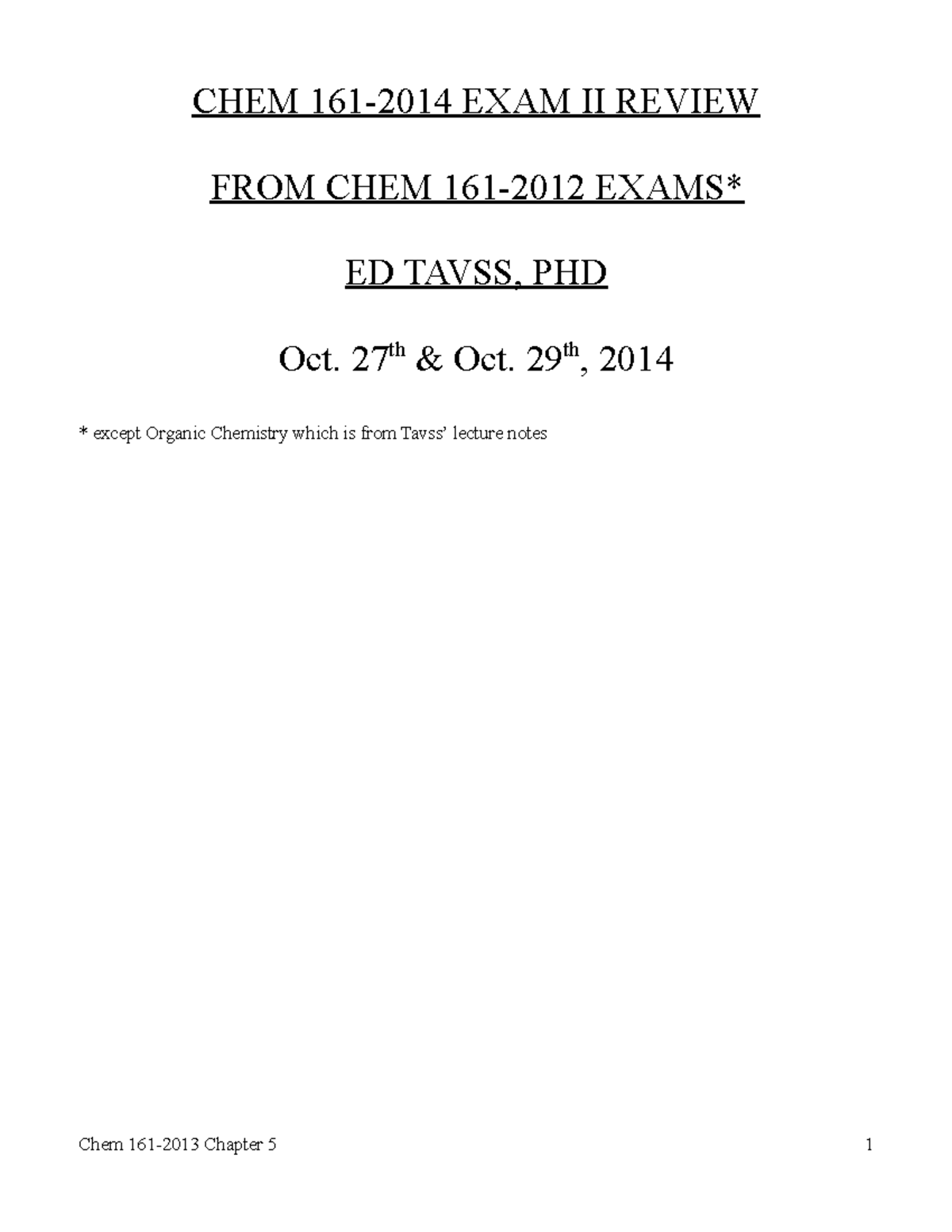 Chem 161-2014 Exam II Review Session Notes - CHEM 161-2014 EXAM II ...