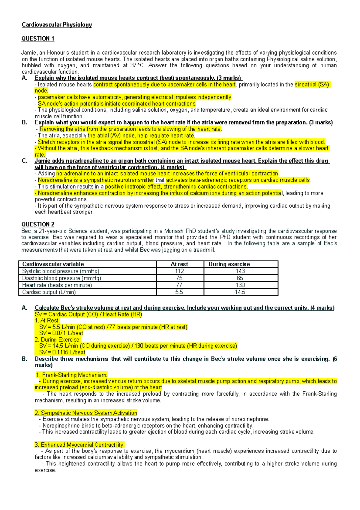 PHY2042 exam revision booklet 2023 - Cardiovascular Physiology QUESTION ...