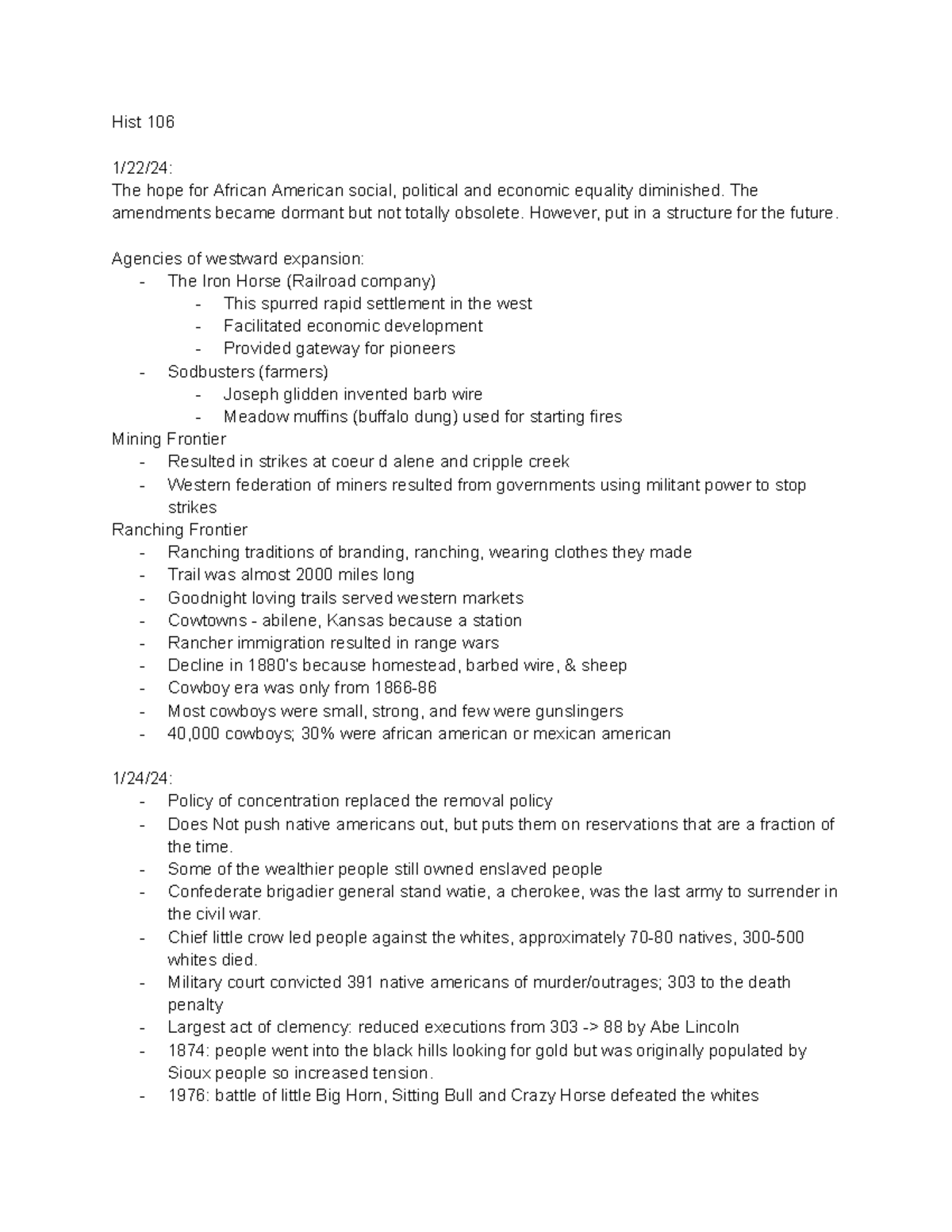 Hist 106 Notes - Hist 106 1/22/24: The hope for African American social ...