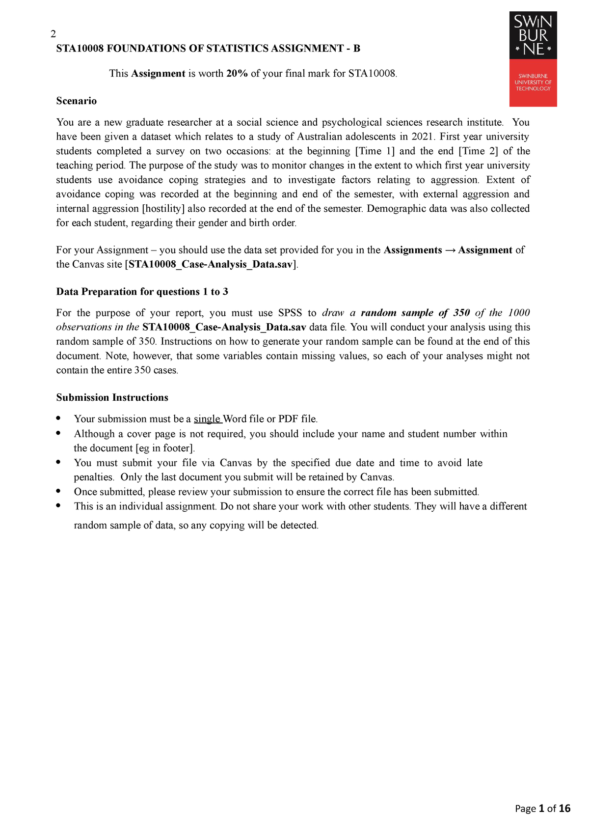 Case Analysis B - 2 STA10008 FOUNDATIONS OF STATISTICS ASSIGNMENT - B ...