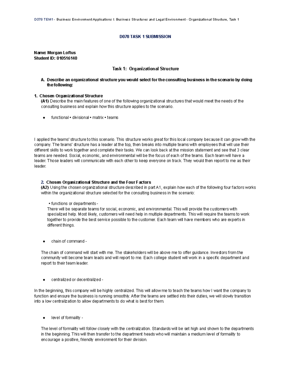 D078 TASK 1 Submission - Task 1 - D078 TEM1 - Business Environment ...