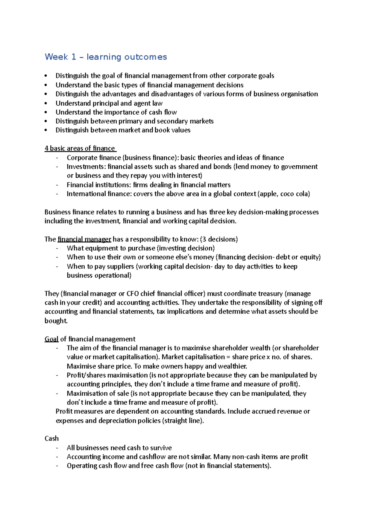 Final finance - summary notes - Week 1 – learning outcomes Disinguish ...