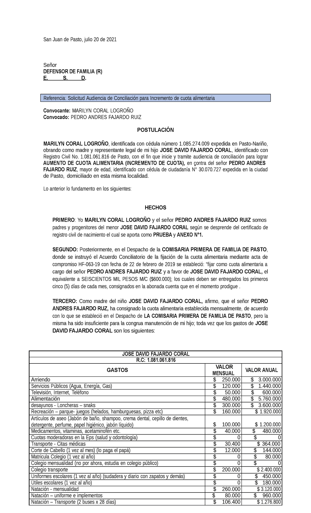Solicitud Audiencia DE Conciliacion Aumento DE Cuota Alimentaria - San Juan  de Pasto, julio 20 de - Studocu
