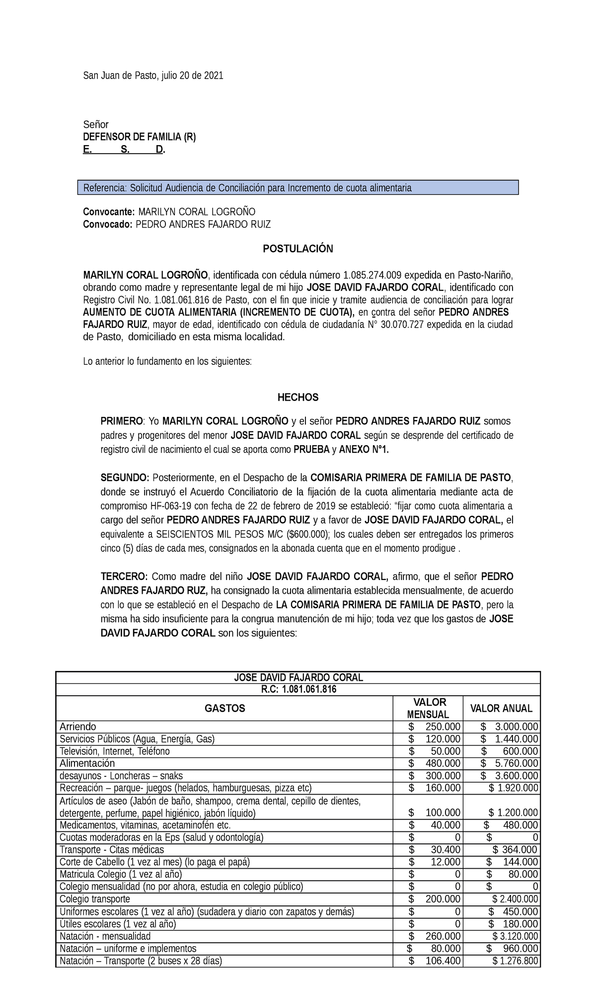 Solicitud Audiencia DE Conciliacion Aumento DE Cuota Alimentaria San