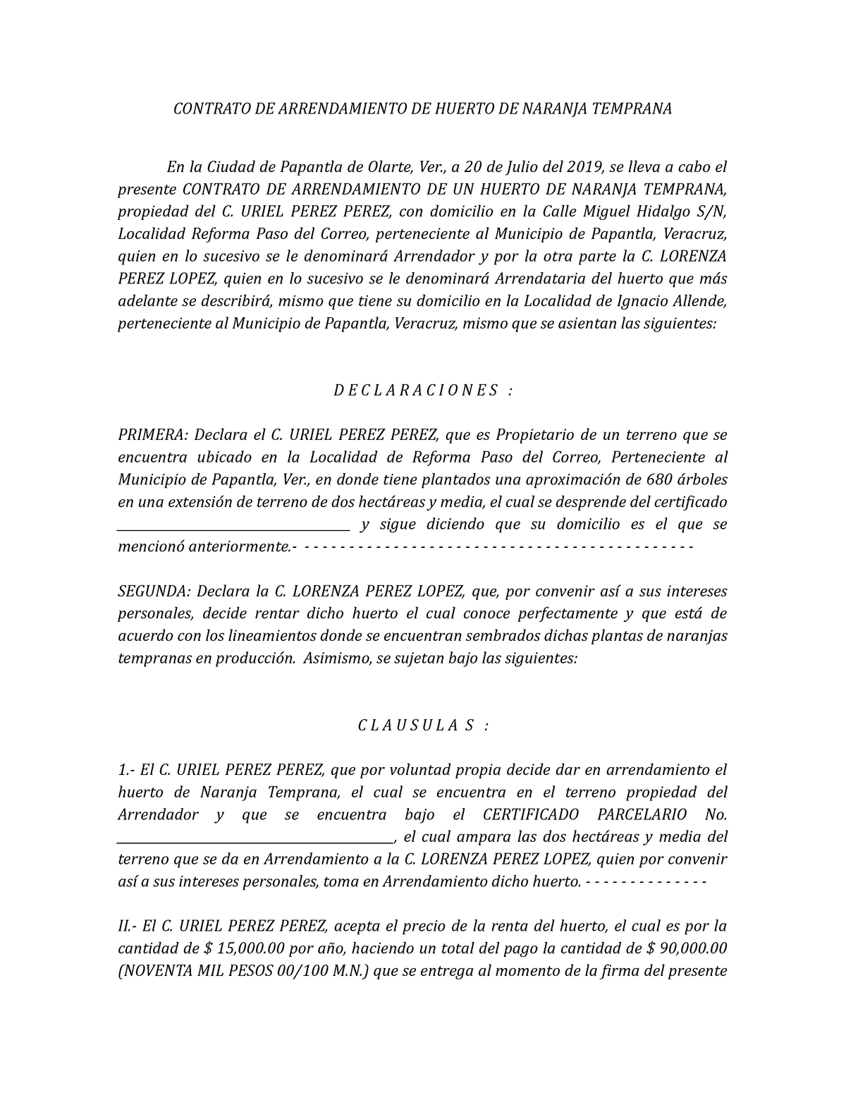 Contrato DE Arrendamiento DE Huerto DE Naranja Temprana - CONTRATO DE  ARRENDAMIENTO DE HUERTO DE - Studocu