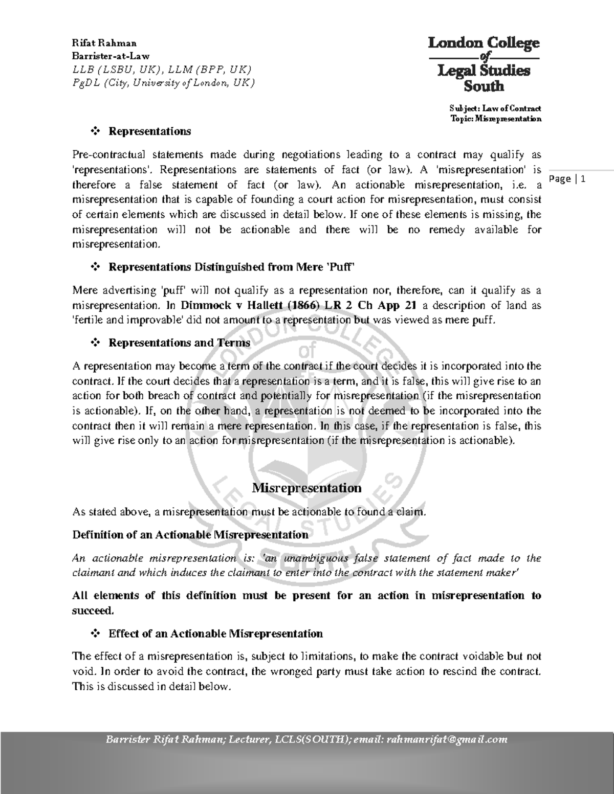 Misrepresentation Handout - Barrister-at-Law LLB (LSBU, UK), LLM (BPP ...