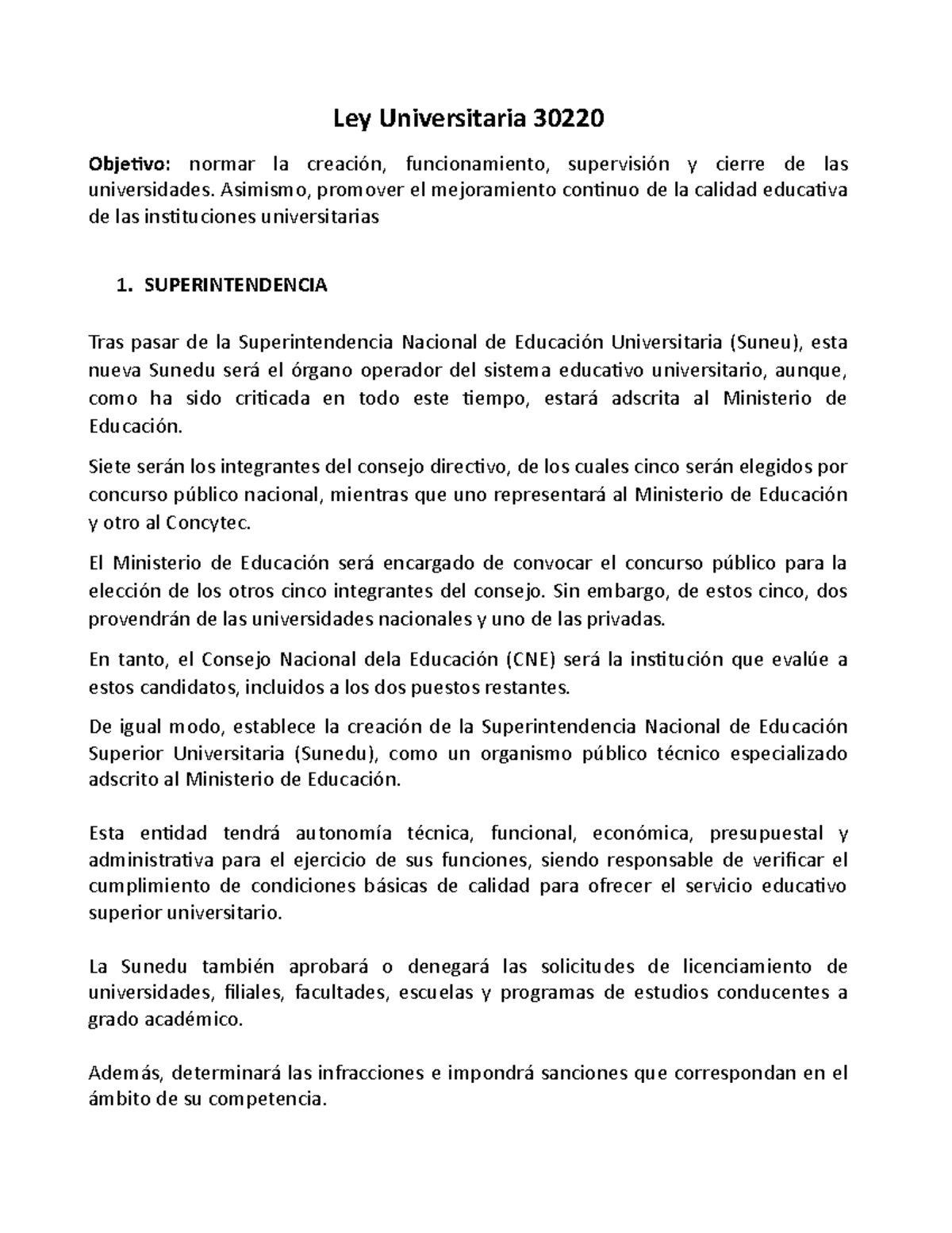 Resumen de la Ley Universitaria Ley Universitaria 30220 Objetivo