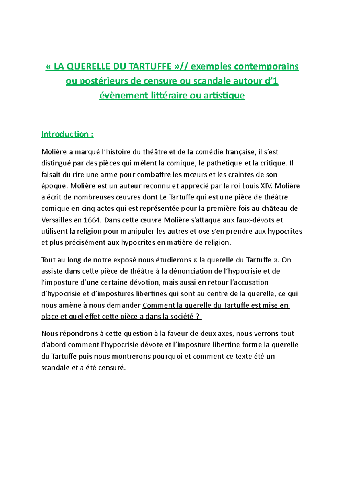 La Querelle Du Tartuffe 2nde Francais Studocu