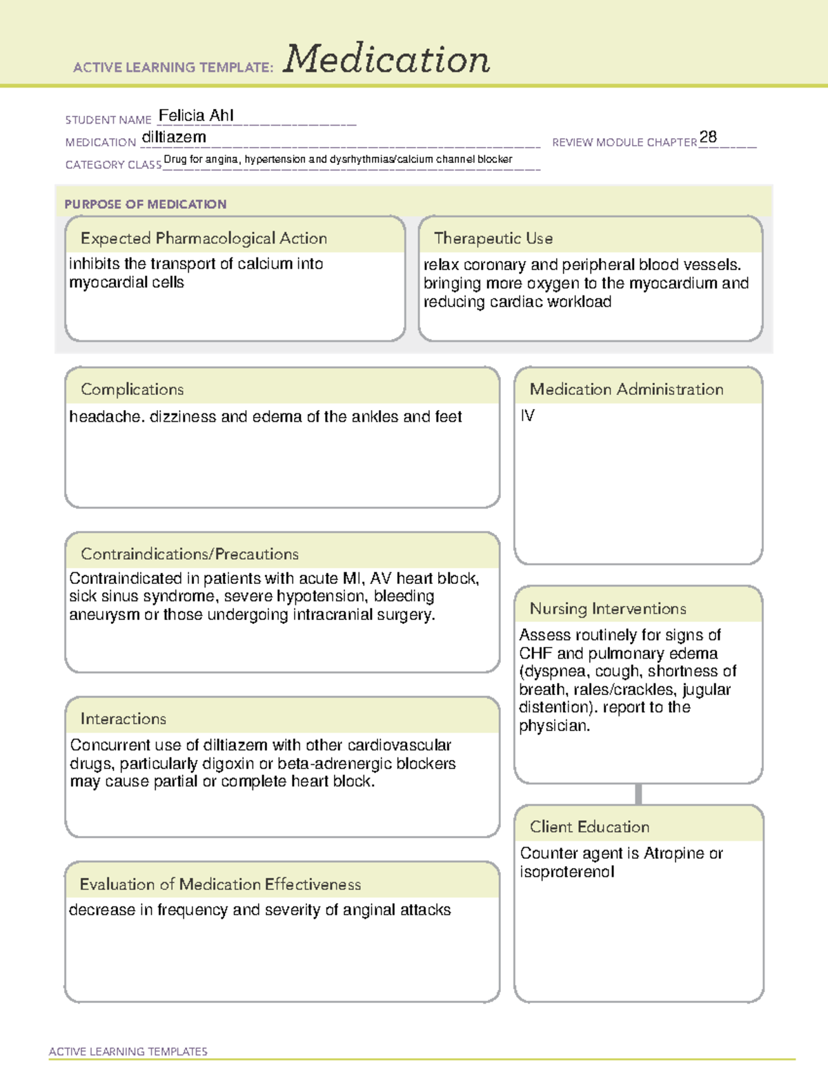 Diltiazem drug cards ACTIVE LEARNING TEMPLATES Medication STUDENT