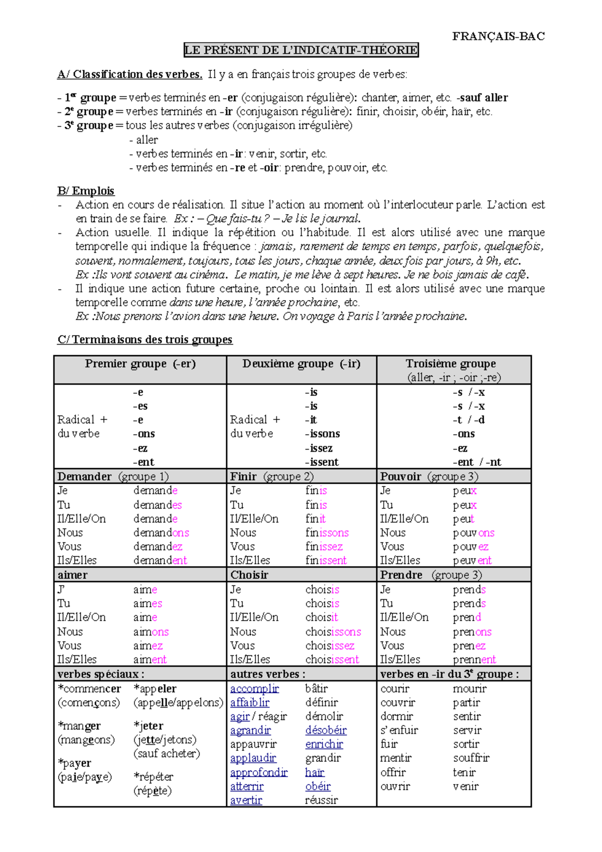 Présent-Bac-Theorie - dfghj - FRANÇAIS-BAC LE PRÉSENT DE L’INDICATIF ...