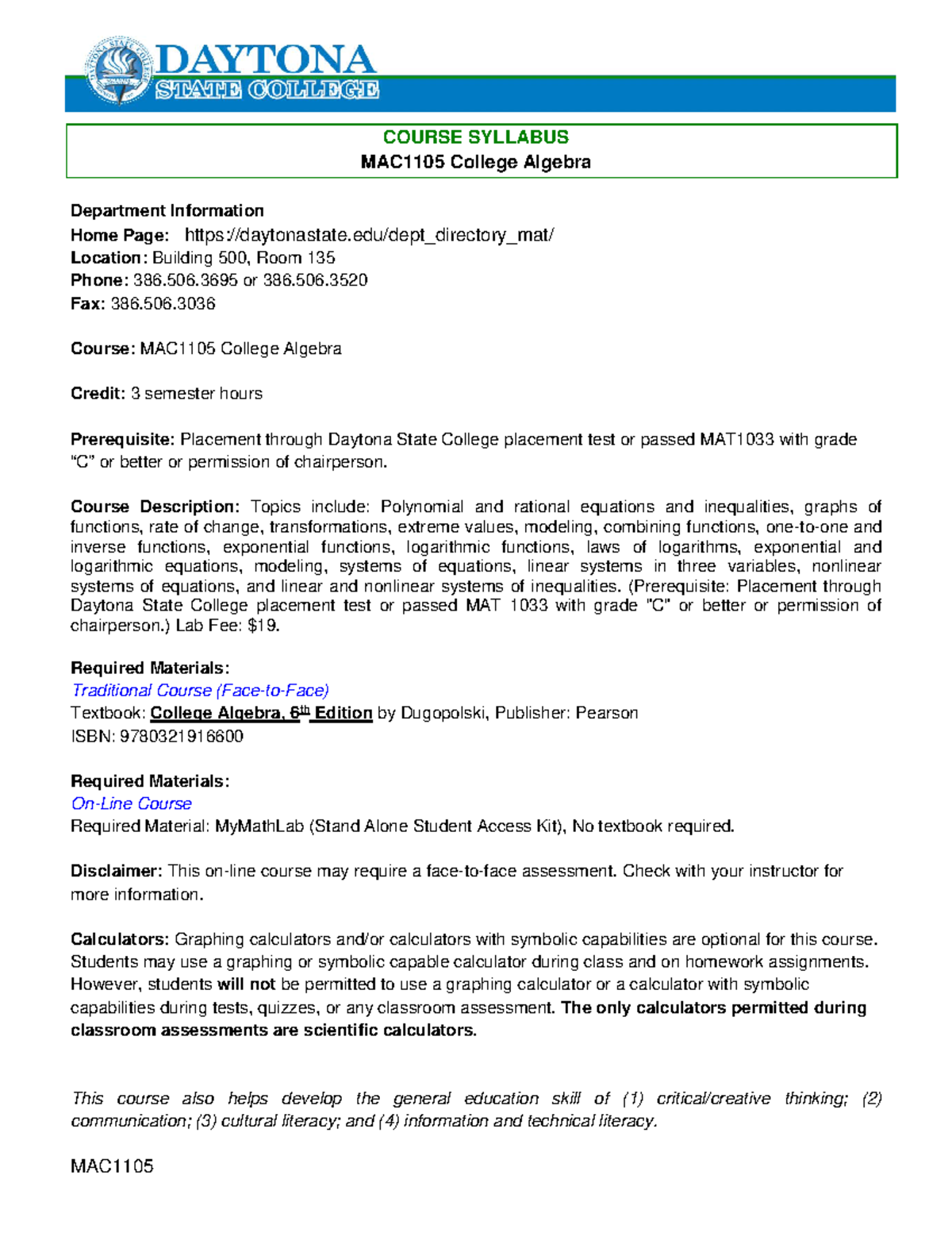 College Algebra Course Syllabus