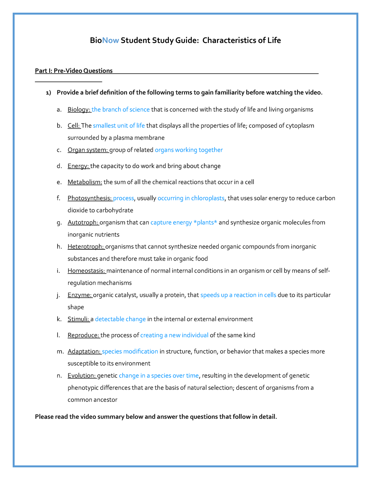 Bio Now Characteristics of Life Notes - BioNow Student Study Guide Within Characteristics Of Life Worksheet