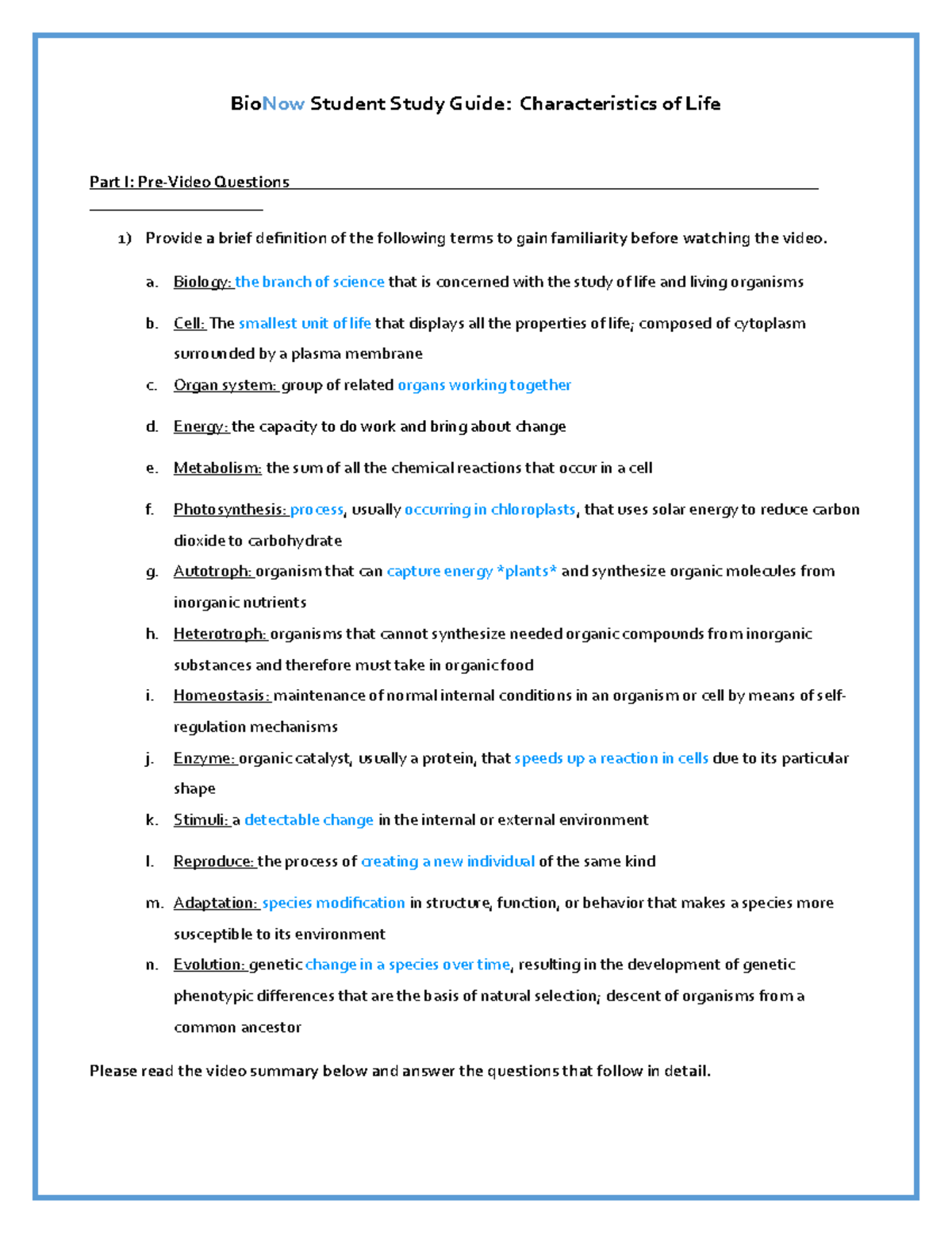Characteristics Of Life Worksheet