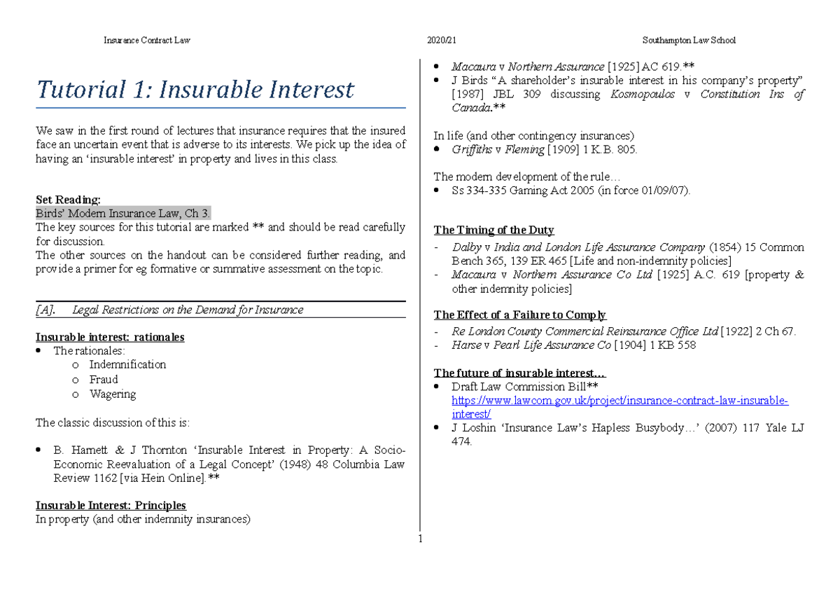 Tutorial 1 - Insurance Contract Law 2020/21 Southampton Law School
