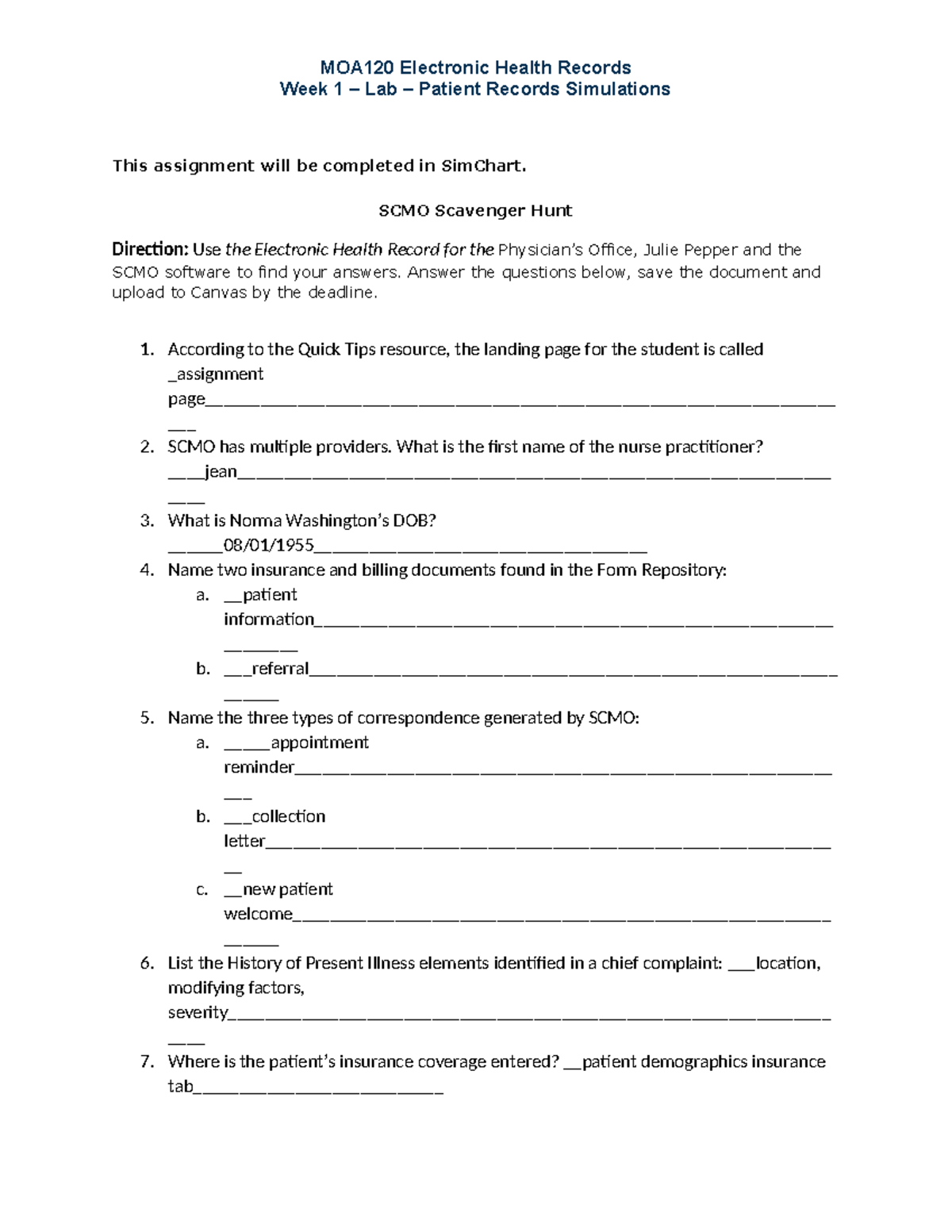 Wk1Online Lab (1)completed - MOA120 Electronic Health Records Week 1 ...