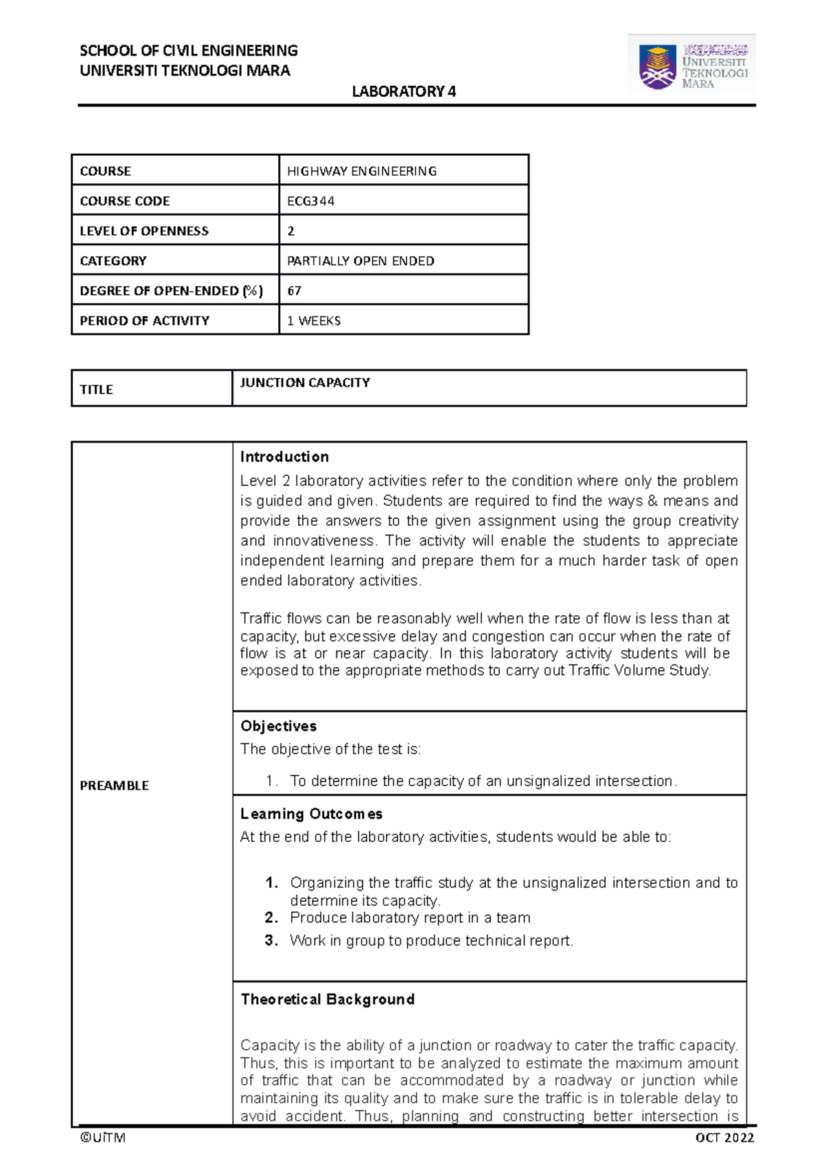 Lab 4- Junction Capacity OEL2 - SCHOOL OF CIVIL ENGINEERING UNIVERSITI ...