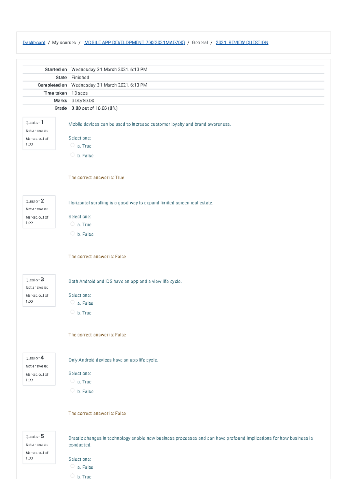 MAD Review Question Attempt review - Dashboard/My courses/ MOBILE APP ...
