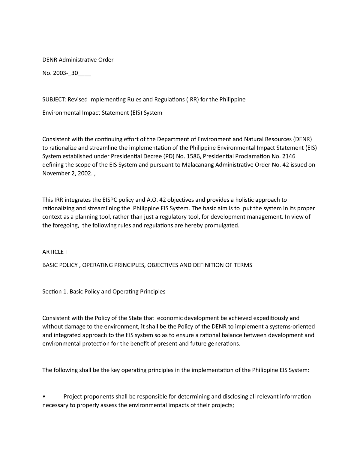 DAO 2003-30 - IRR Of EIS System - DENR Administrative Order No. 2003-30 ...