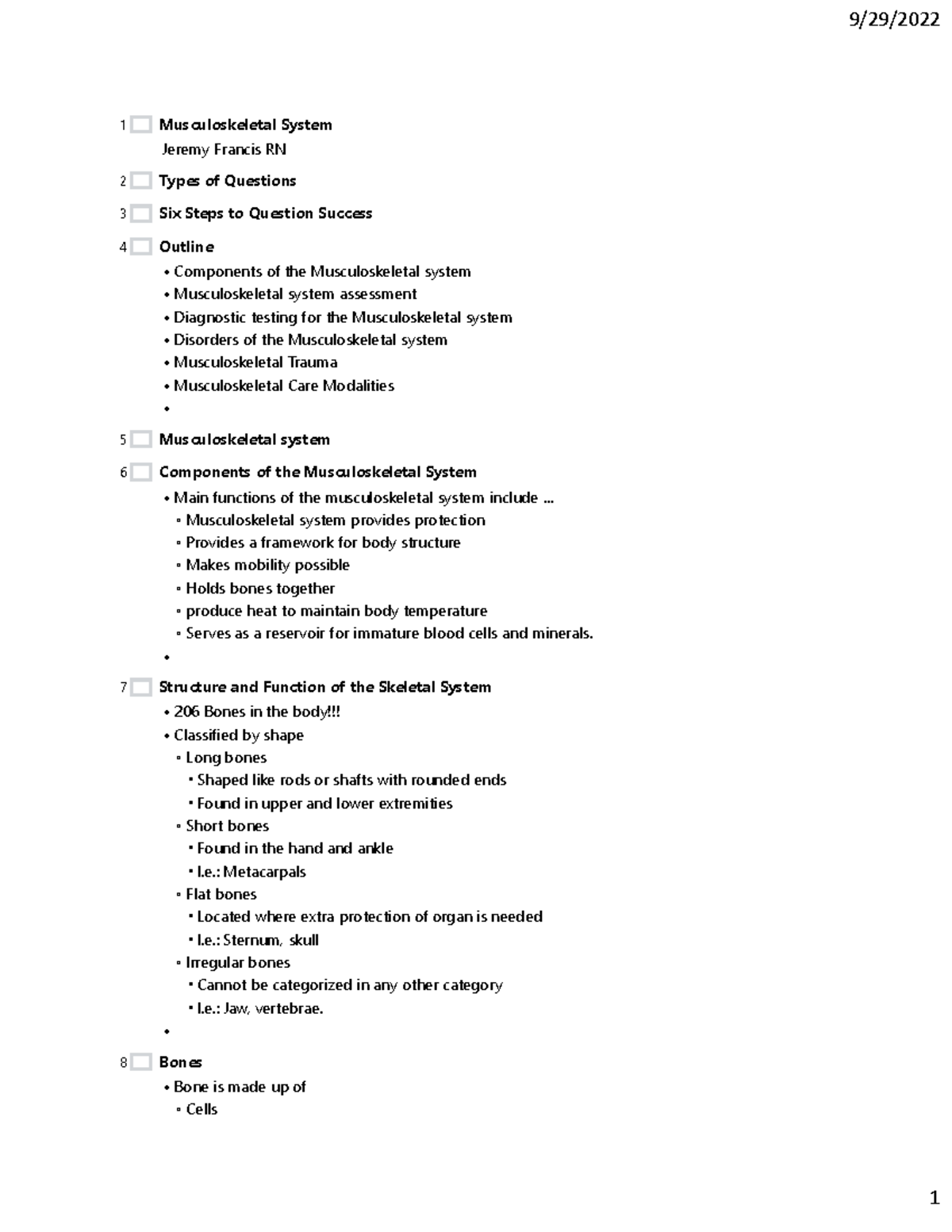 11 outline musculoskeletal - Musculoskeletal System Jeremy Francis RN ...