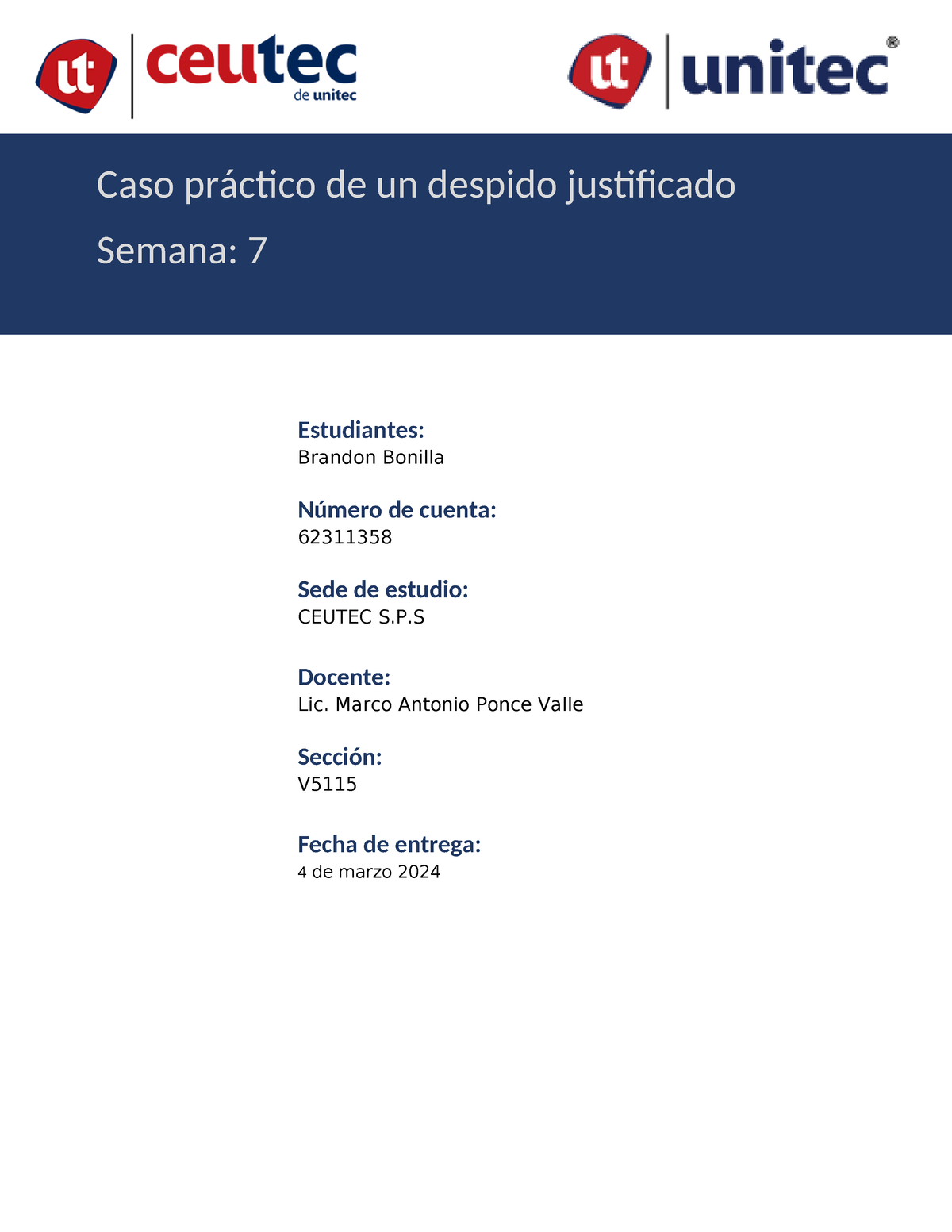 Despido Justificado BB - Estudiantes: Brandon Bonilla Número De Cuenta ...