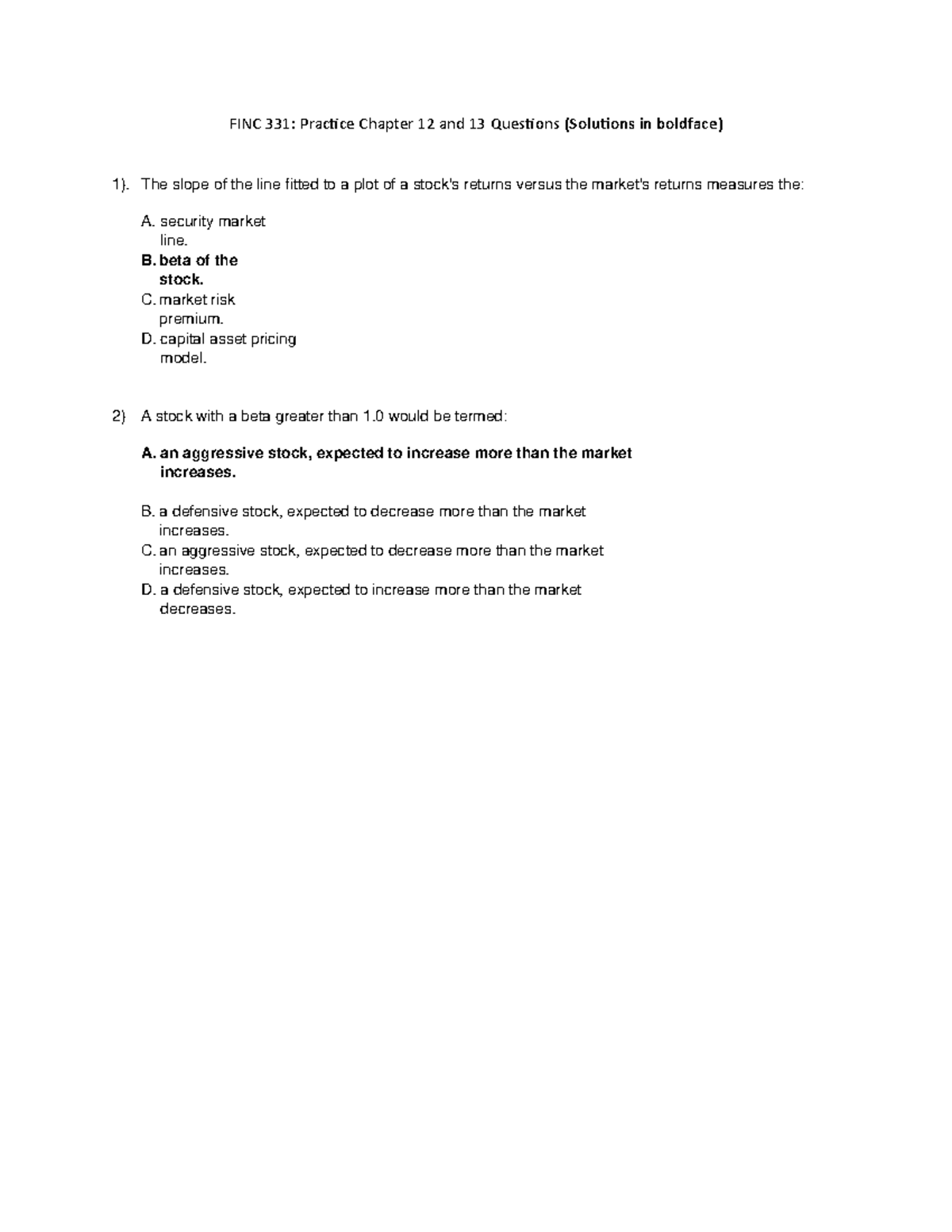 Practice Chapter 12 And 13 Questions Solutions - FINC 331: Practice ...