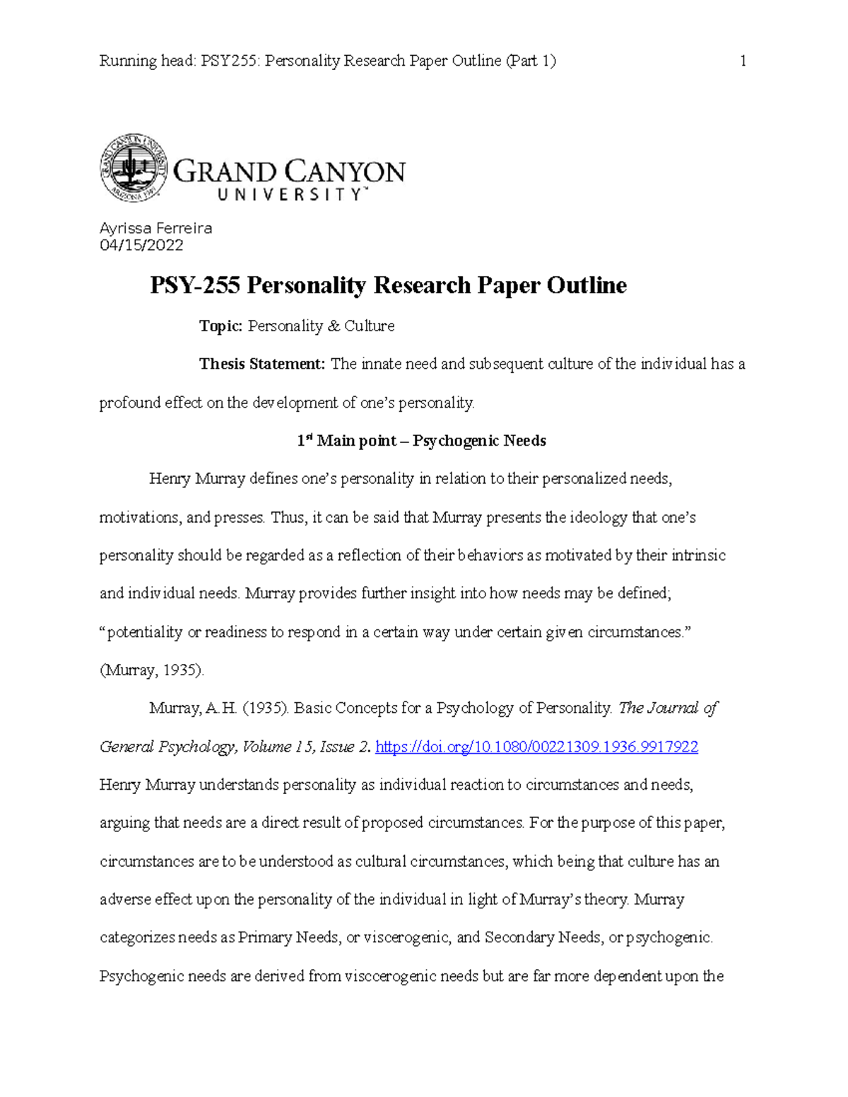 psy 255 personality research paper outline