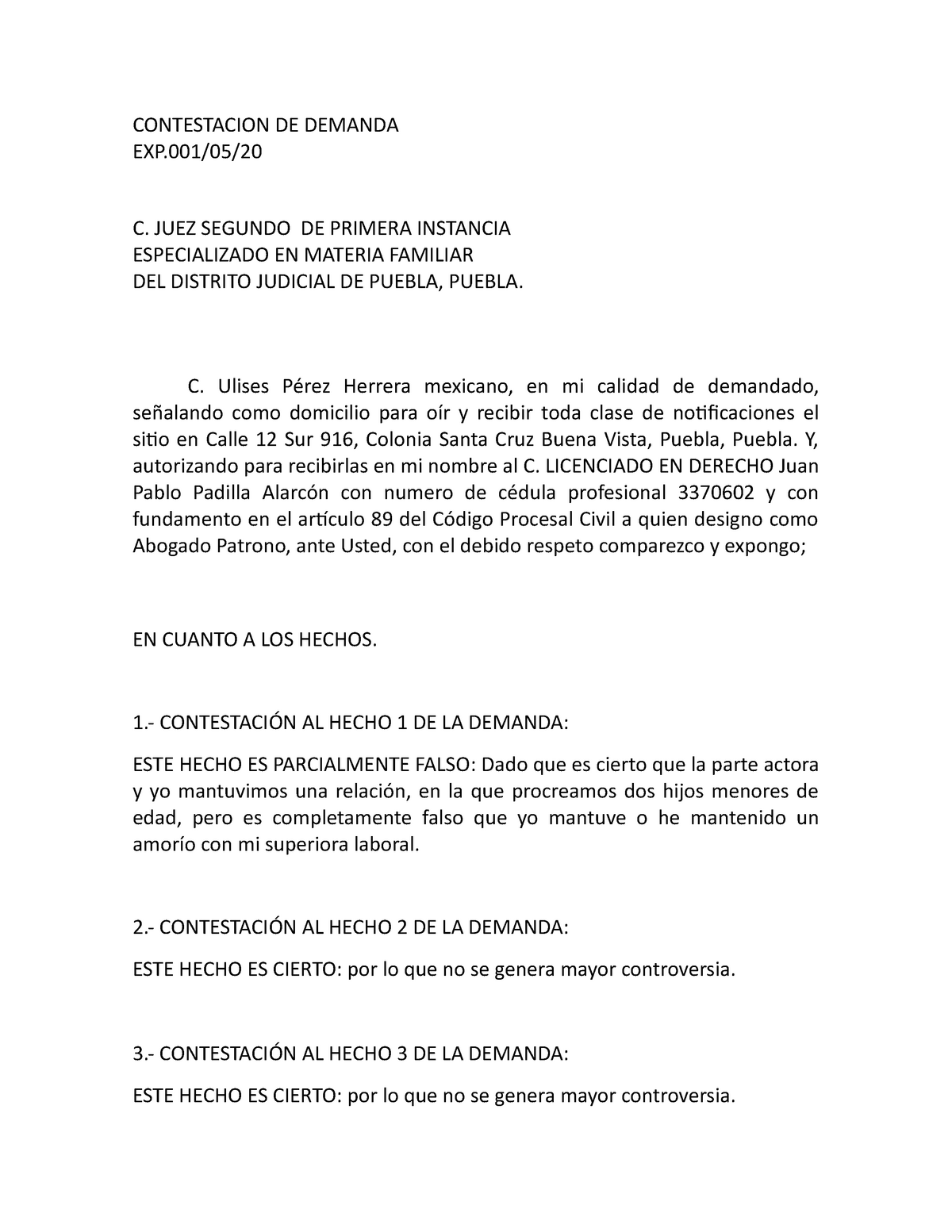 Contestación Demanda W - CONTESTACION DE DEMANDA EXP/05/ C. JUEZ SEGUNDO DE  PRIMERA INSTANCIA - Studocu