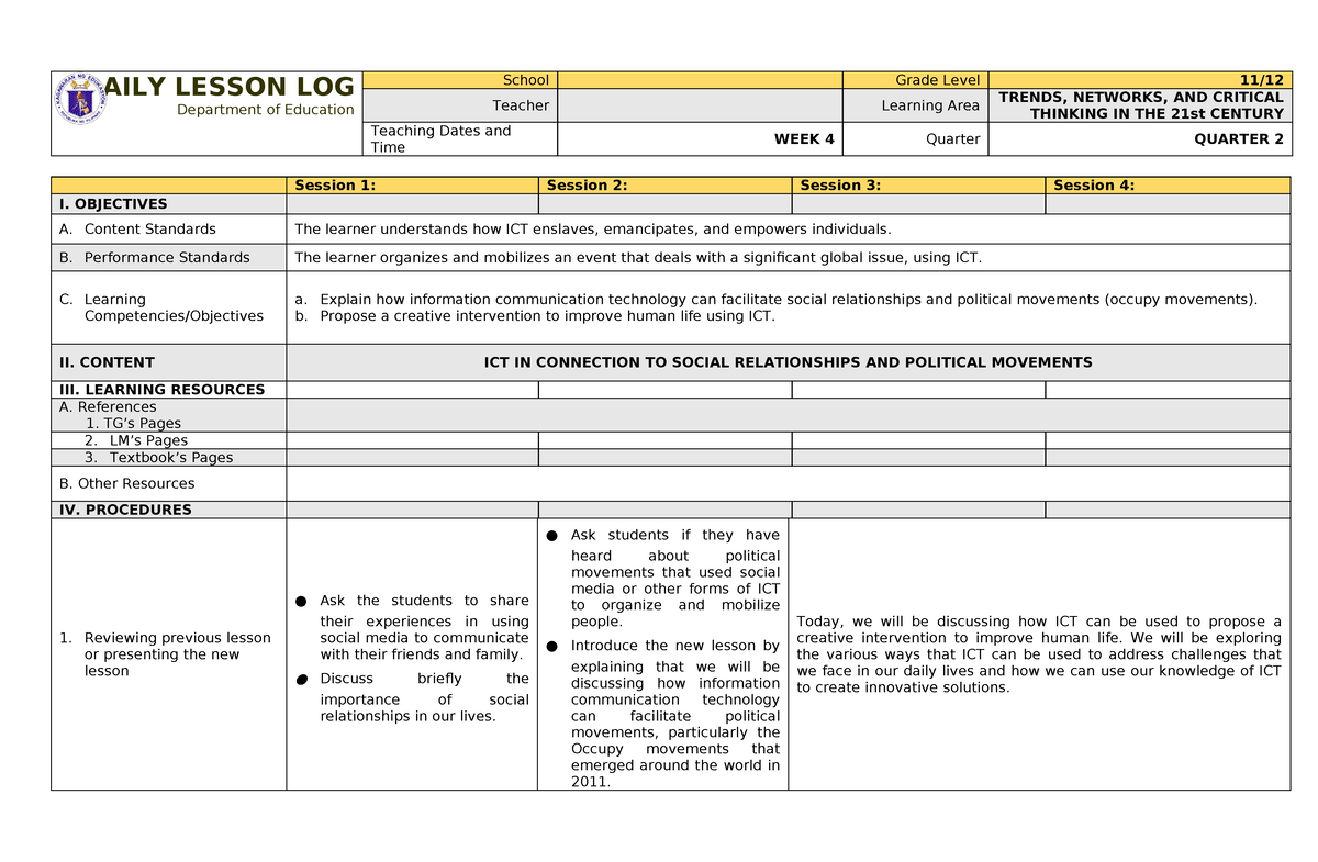 Trends Q2 WEEK4 - Bbb - DAILY LESSON LOG Department Of Education School ...