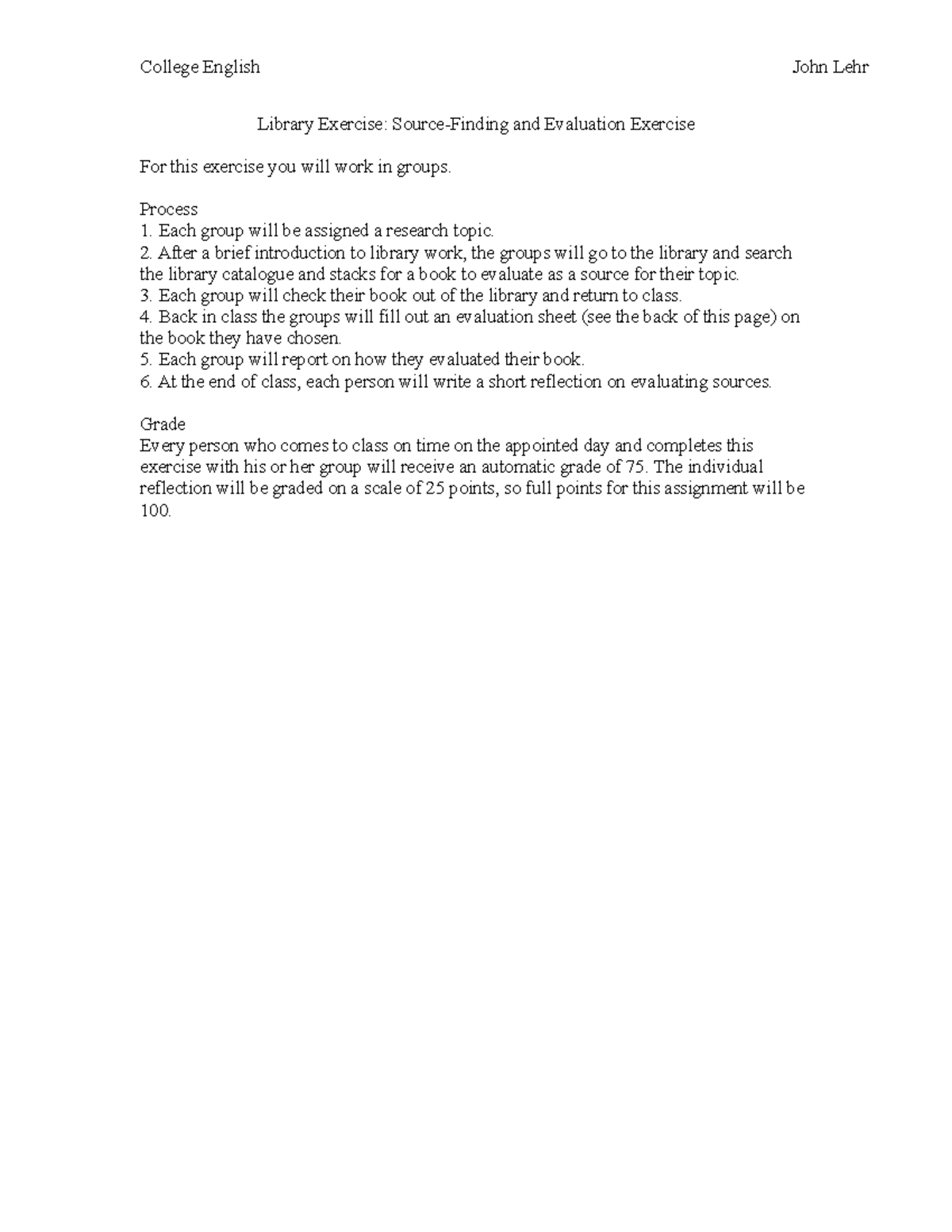 Library Exercise instructions and evaluation checklist 2016 - College ...