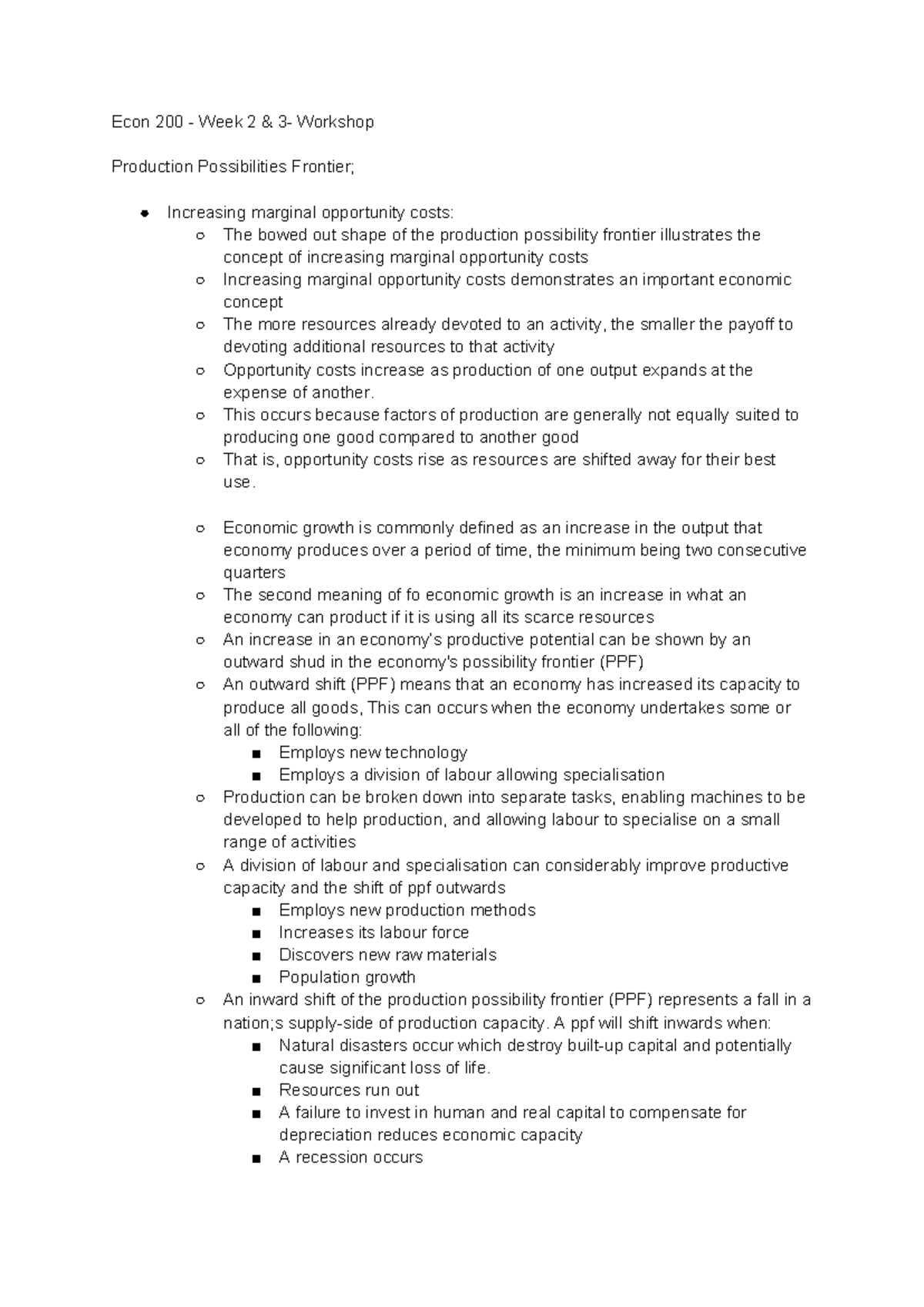 ECON Week 2&3 - Notes - Econ 200 - Week 2 & 3- Workshop Production ...