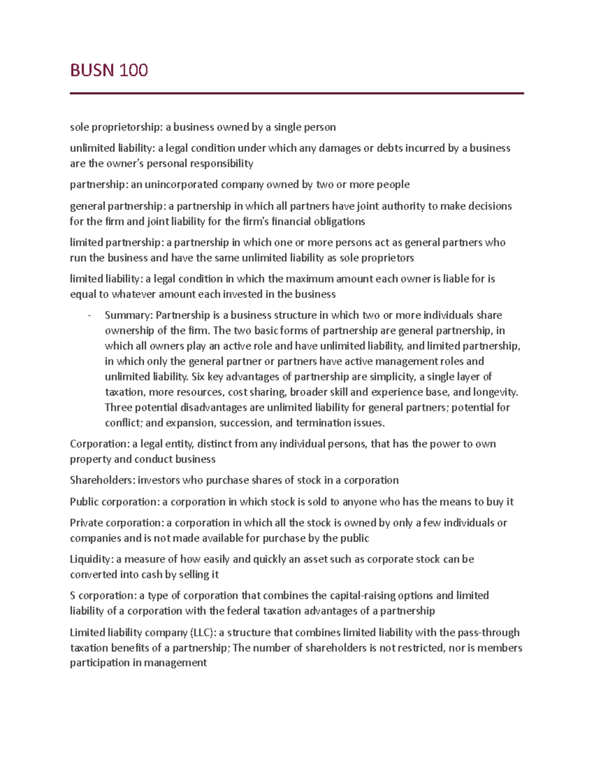 BUSN 100 chapter 5 notes - BUSN 100 sole proprietorship: a business ...
