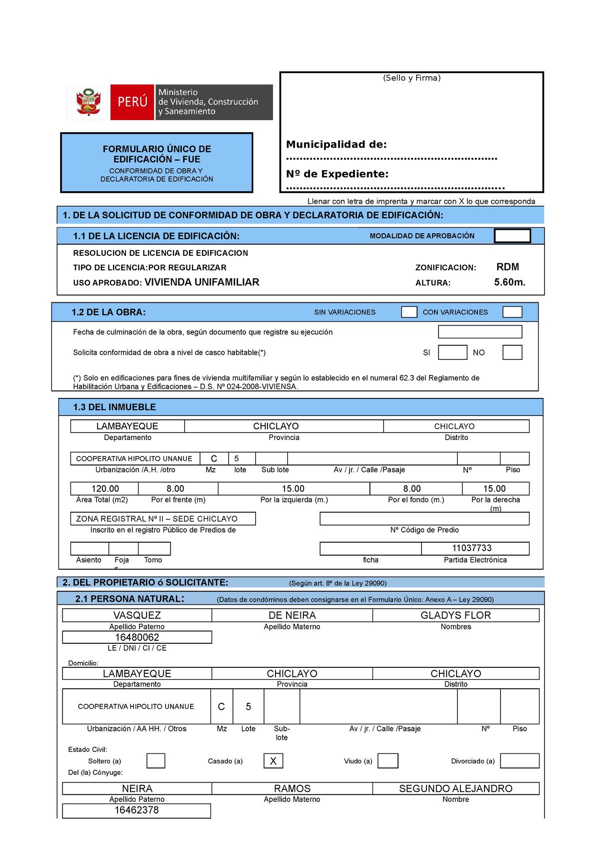 FUE Dec FORMUARIO UNICO DE EDIFICACION EJEMPLOS DE LICENCIA DE EDIFICACION Sello Y Firma