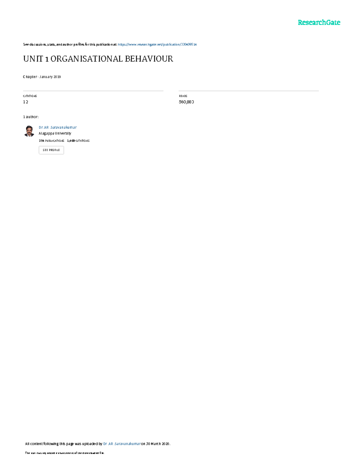 UNIT 1 Organisational Behaviour 1 1 - See discussions, stats, and ...