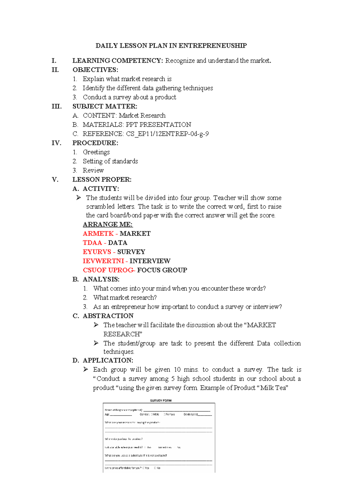 DLP Entrep - DAILY LESSON PLAN IN ENTREPRENEUSHIP I. LEARNING ...
