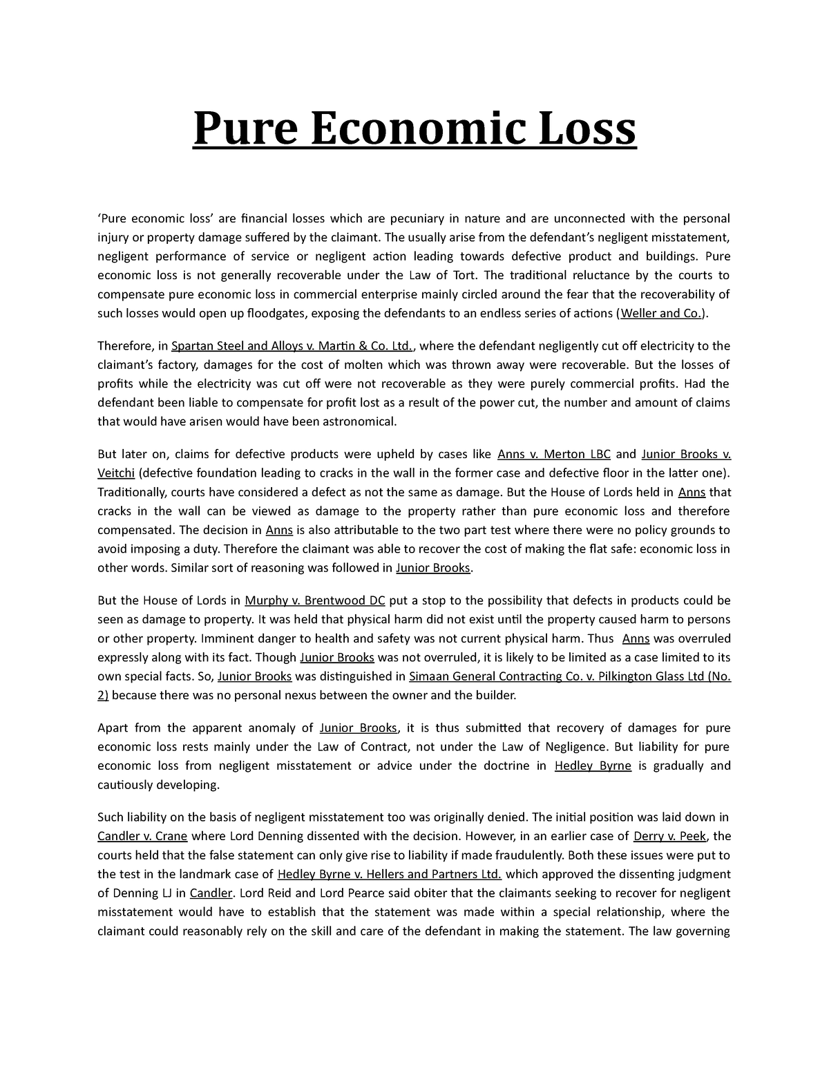 pure economic loss essay