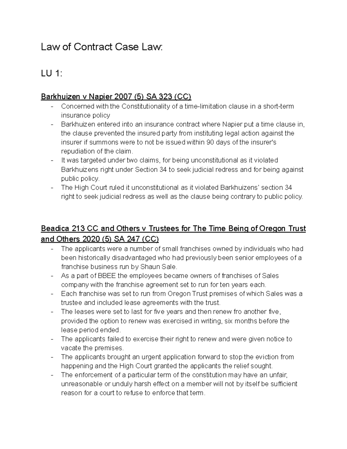 Contract Case Law LU 1 Case Summary Law of Contract Case Law LU 1