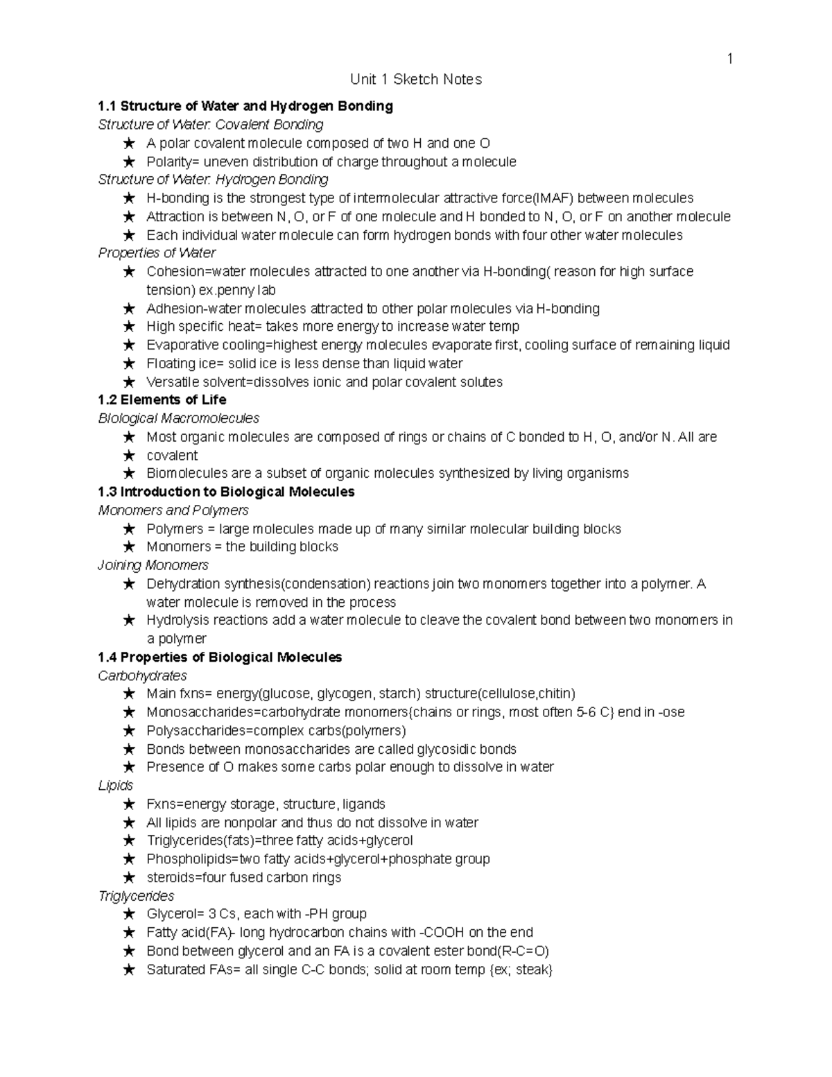 AP Biology Notes for Unit 1 Unit 1 Sketch Notes 1 Structure of Water