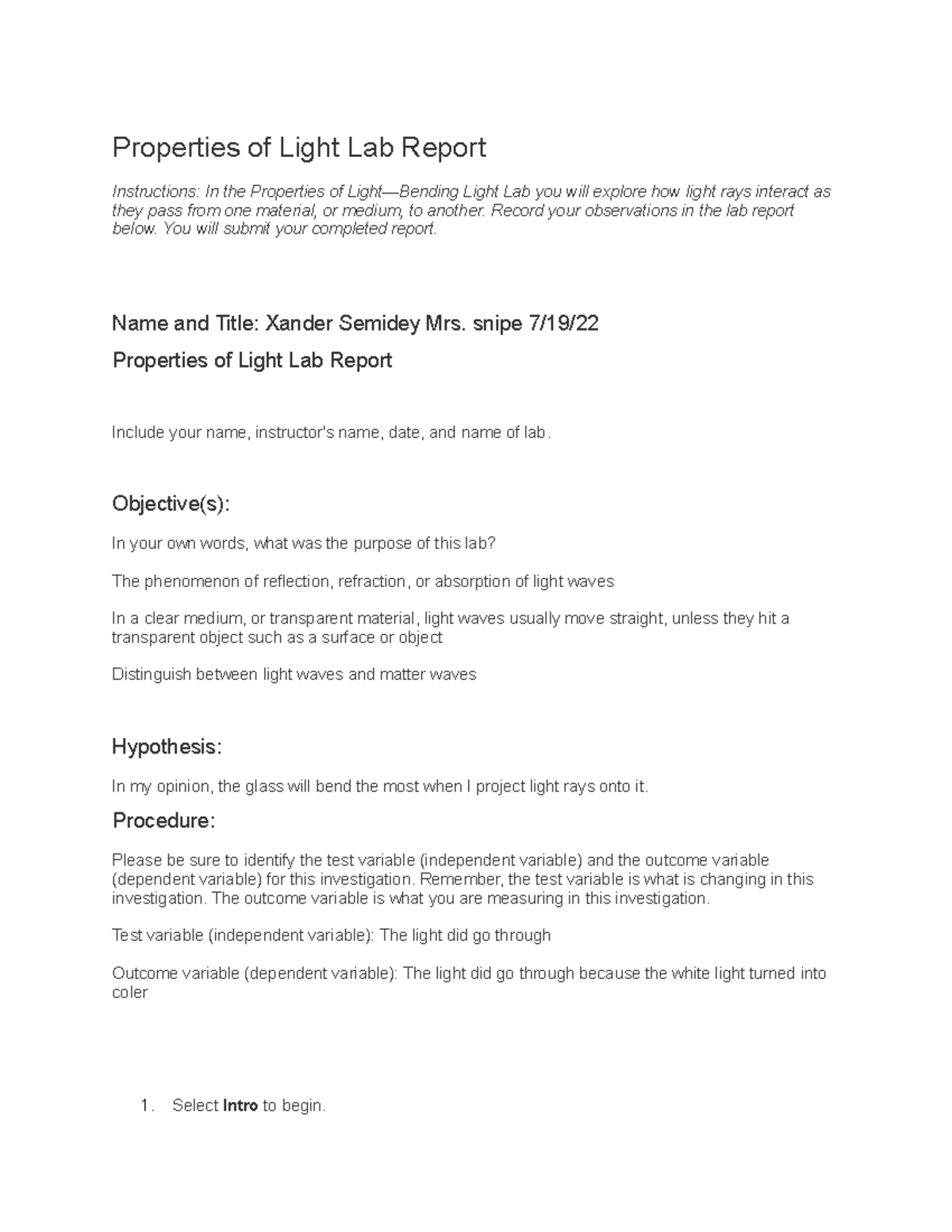 Properties of Light Lab Report Properties of Light Lab Report