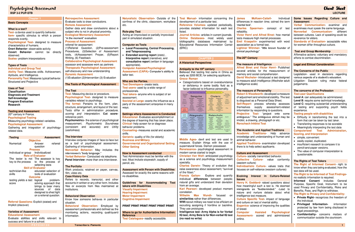 Outline - Psychological Assessment Chapter 1-4 - Psychological ...