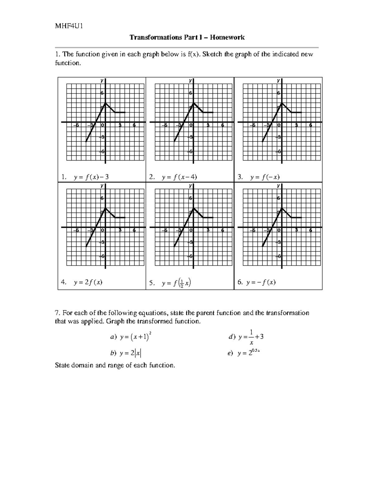 1 - functions - MHF4U 1 Transformations Part I – Homework The function ...