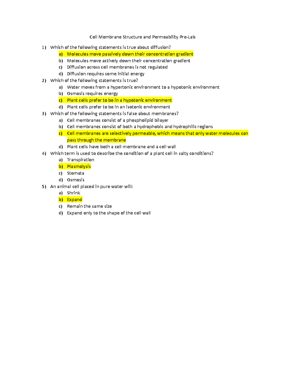 Cell Membrane Structure and Permeability Pre-Lab - Studocu