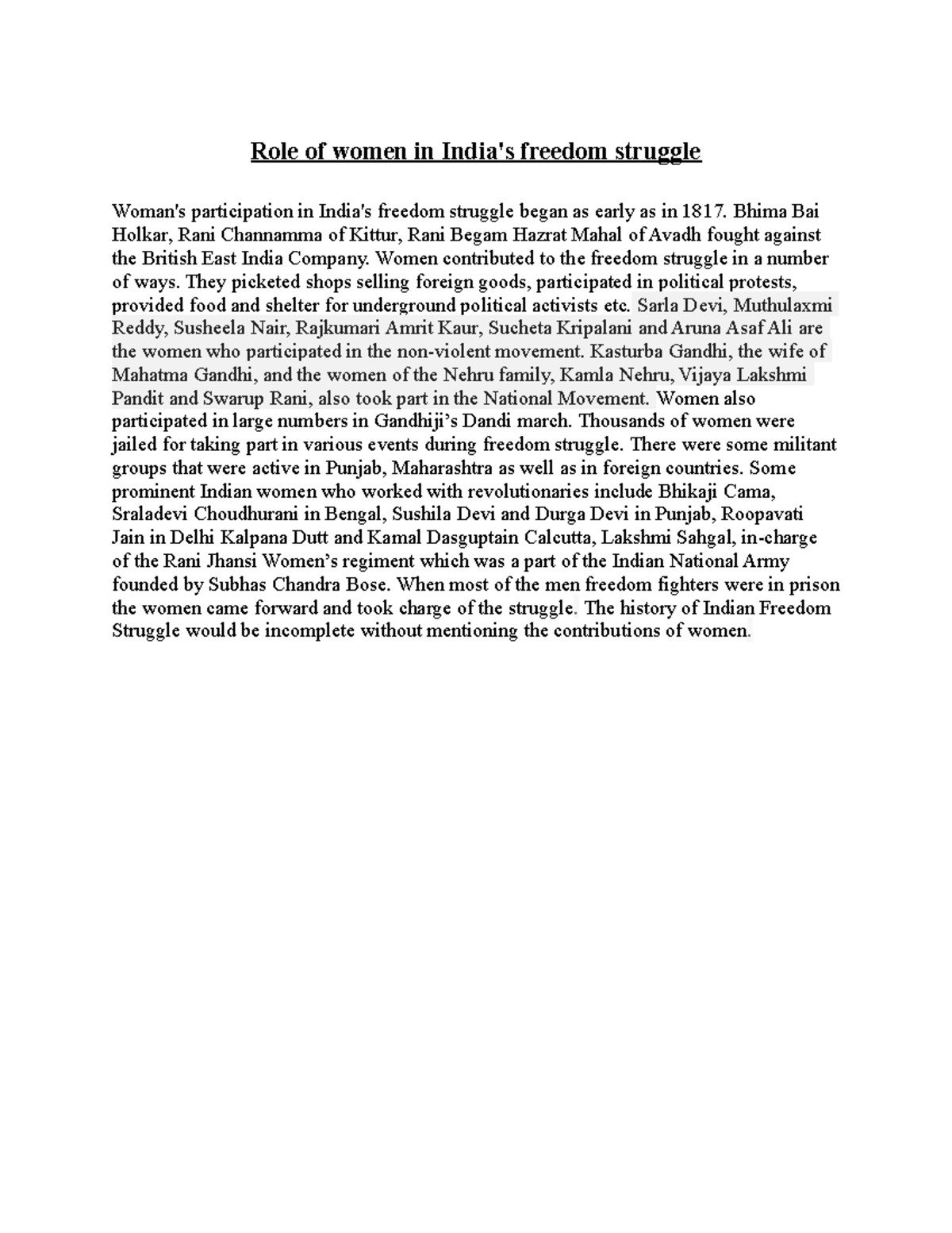 Role of women - Lecture notes 1-3 - Role of women in India's freedom ...