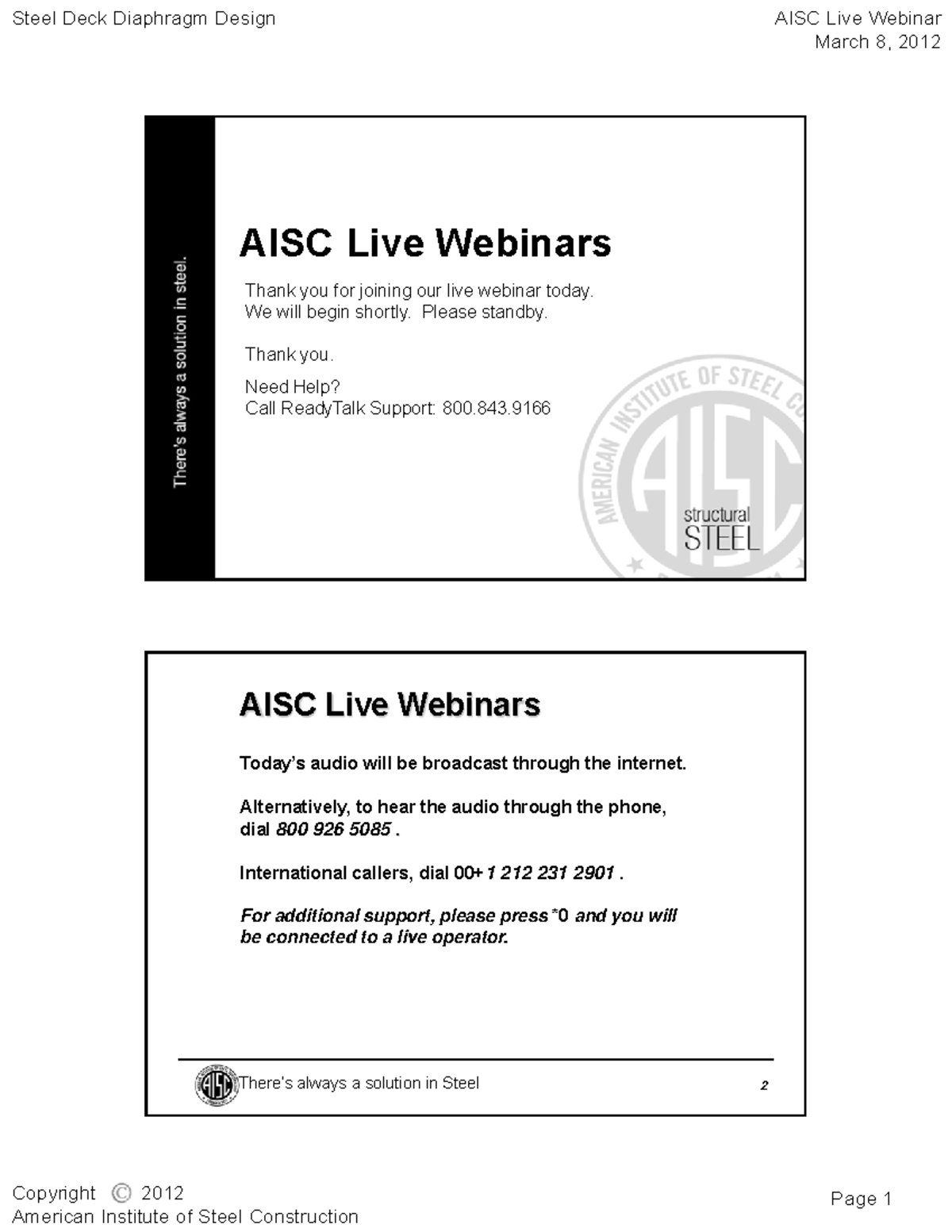 AISC - Webinar-Steel-Deck-Diaphragm-Design - Page 1 Copyright 2012 ...